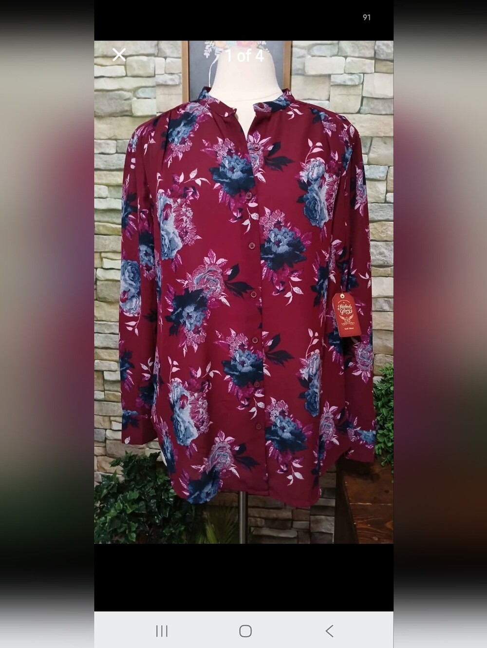 New XL Faded Glory Burgundy Floral Button-Front Top